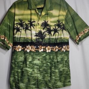 Green and Yellow Casual Button Down Shirt with Scenic Tropical Design